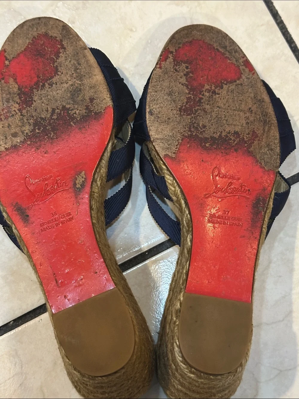 Christian Louboutin Navy Bow Rope Wedge Slides used in good condition